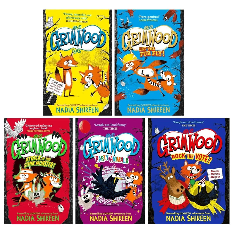 Grimwood Series by Nadia Shireen 5 Books Collection Set(Grimwood, Let the Fur Fly!, Attack of the Stink Monster, Party Animals & Rock the Vote! (Hardback)) - The Book Bundle