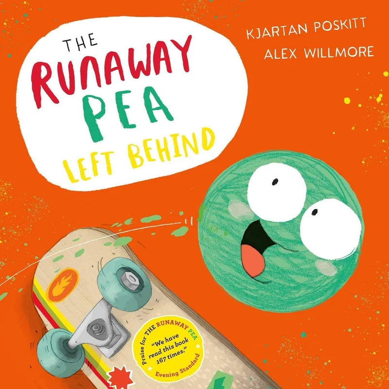 Set of three The Runaway Pea books by Kjartan Poskitt and Alex Willmore, featuring colorful illustrations and playful characters.