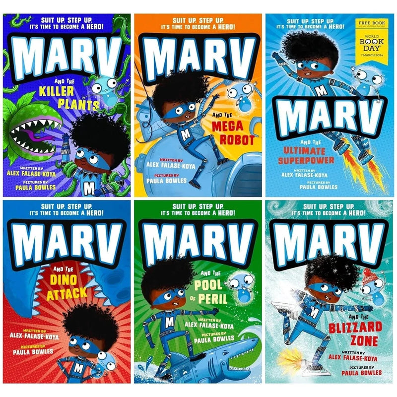 Marv Collection by Alex Falase-Koya Illustrated 6 Books Collection Set(Dino Attack,Mega Robot,Pool of Peril,Killer Plants,Blizzard Zone & Humongous Hamster) - The Book Bundle