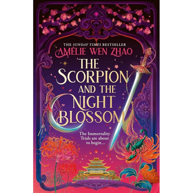 Two hardcover books from the Three Realms Series by Amélie Wen Zhao, featuring The Dragon and the Sun Lotus and The Scorpion and the Night Blossom.