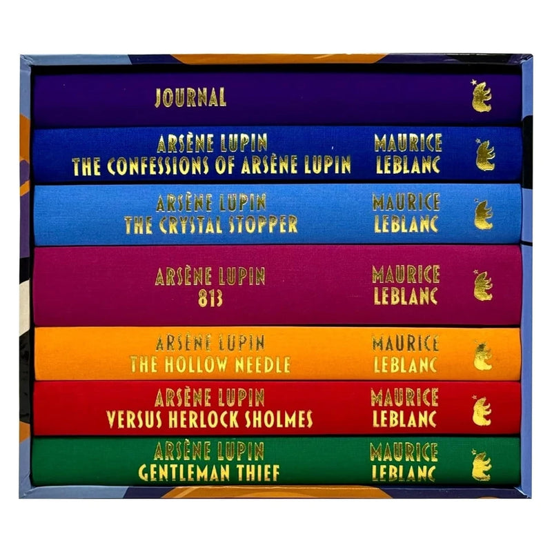Seven hardcover books from Maurice Leblanc's Arsène Lupin collection, featuring classic detective fiction in a boxed set.