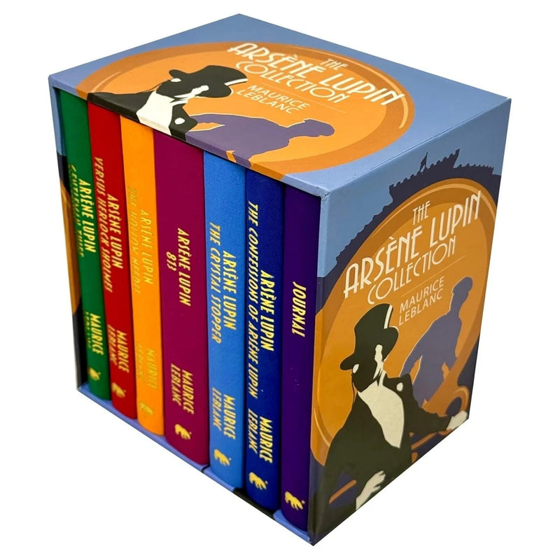 Seven hardcover books from The Arsène Lupin Collection by Maurice Leblanc, featuring classic detective fiction in a set by Arcturus Publishing.