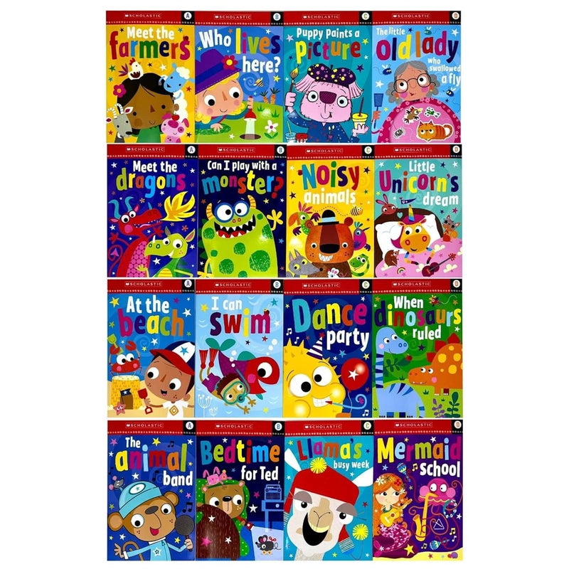 Scholastic Early Readers Year 1 set with 16 beginner books for ages 5-7, featuring simple stories for young readers.