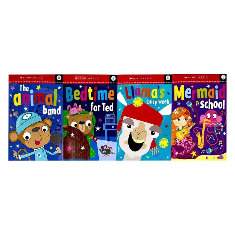 Scholastic Early Readers Year 1 16-book set for ages 5-7, featuring simple stories for beginner readers, displayed in a colorful collection.