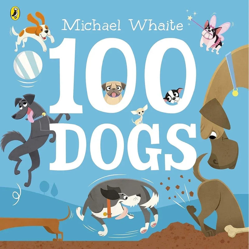 Collection of four Puffin children's books by Michael Whaite, featuring colorful dog illustrations for ages 3 to 7.