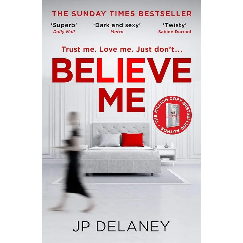 Four paperback fiction books by JP Delaney, including The Girl Before, Believe Me, and The Perfect Wife, from Quercus Ltd collection.