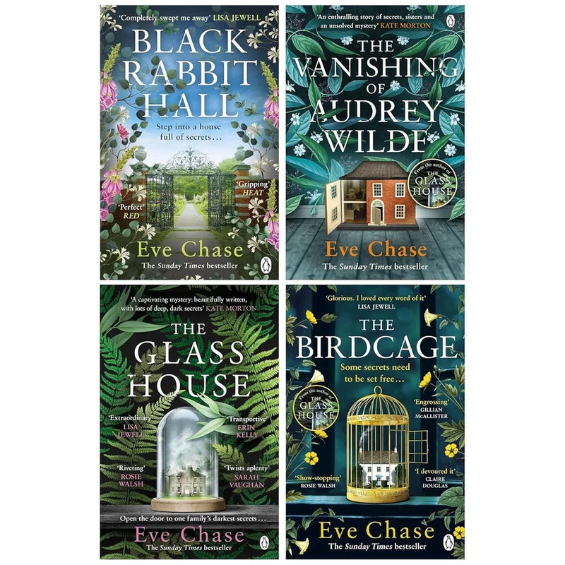 Four paperback fiction books by Eve Chase, including Black Rabbit Hall and The Vanishing of Audrey Wilde, in a collection set.