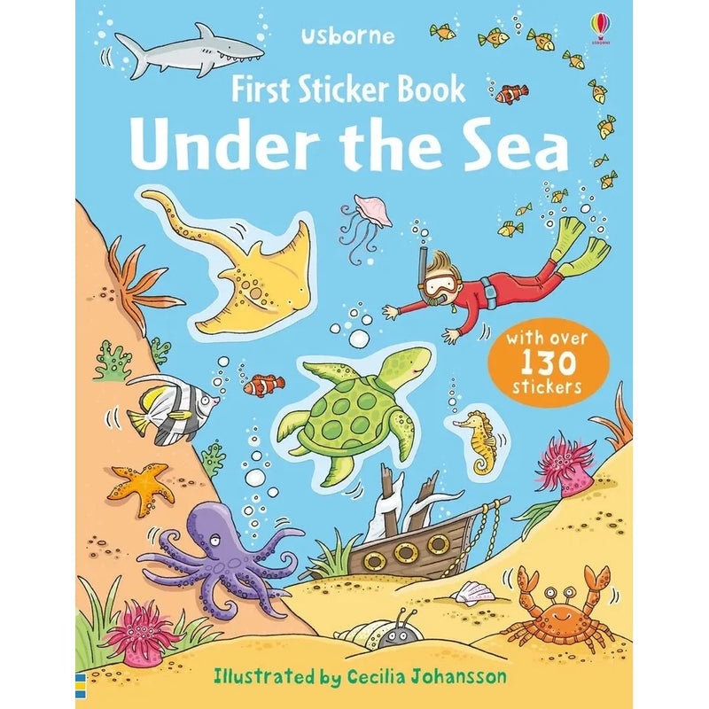 Set of five Usborne First Sticker Books for ages 3-5, paperback collection featuring colorful illustrations and engaging sticker activities.