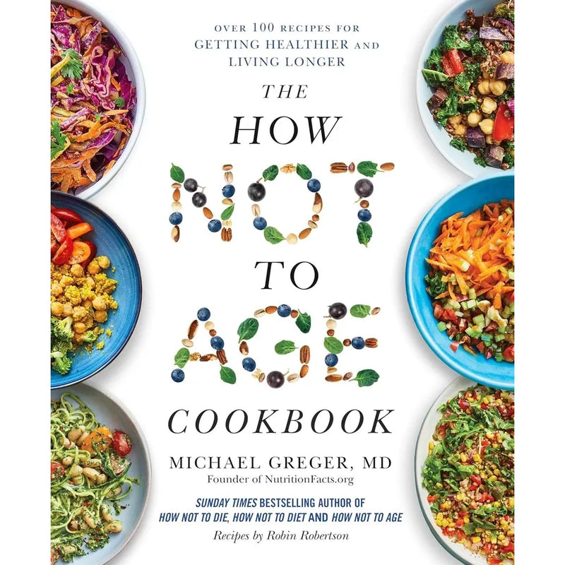 Three paperback health books including The How Not To Age Cookbook, How Not To Die, and Longevity Diet by Michael Greger and Gene Stone.