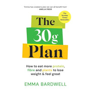 Three paperback books from Emma Bardwell's 30g Plan collection, focusing on fiber, health, and nutrition, with colorful covers.