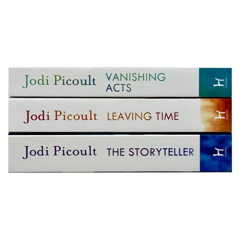 Jodi Picoult book collection with three paperback novels: The Storyteller, Leaving Time, and Vanishing Acts, by The Book Bundle.
