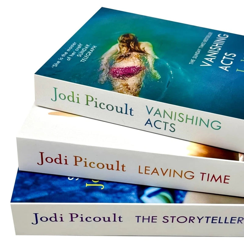 Jodi Picoult book collection with three paperback novels: The Storyteller, Leaving Time, and Vanishing Acts, displayed together.