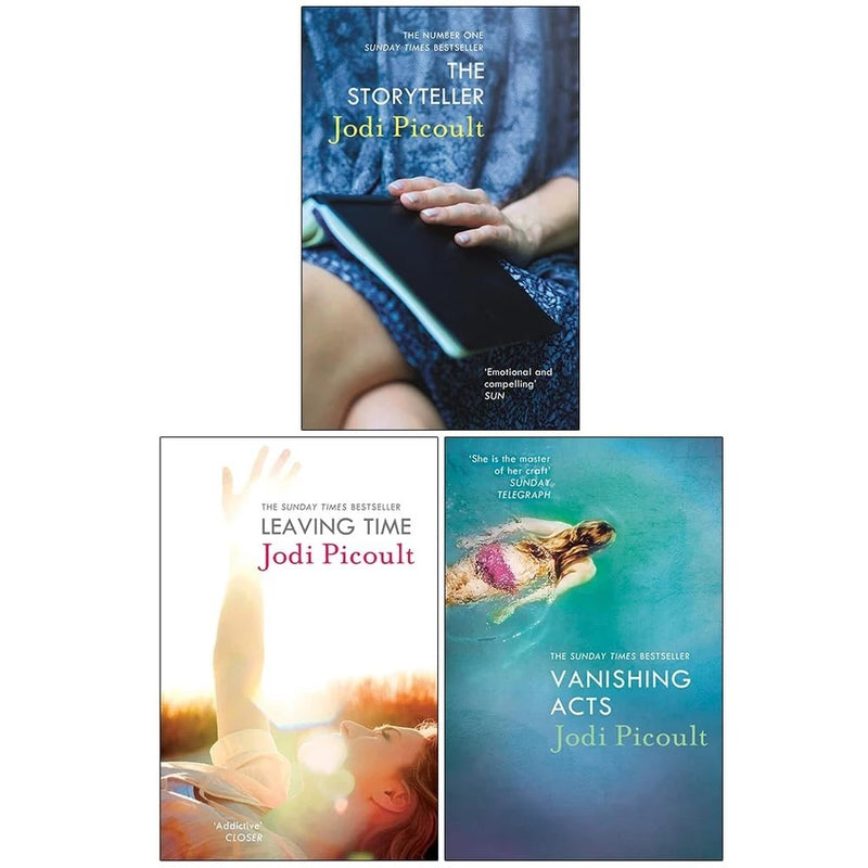 Set of three Jodi Picoult fiction paperback books including The Storyteller, Leaving Time, and Vanishing Acts from The Book Bundle.