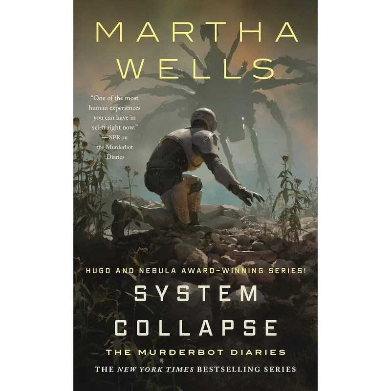 Seven paperback books from The Murderbot Diaries collection by Martha Wells, featuring sci-fi fiction with robot protagonist.