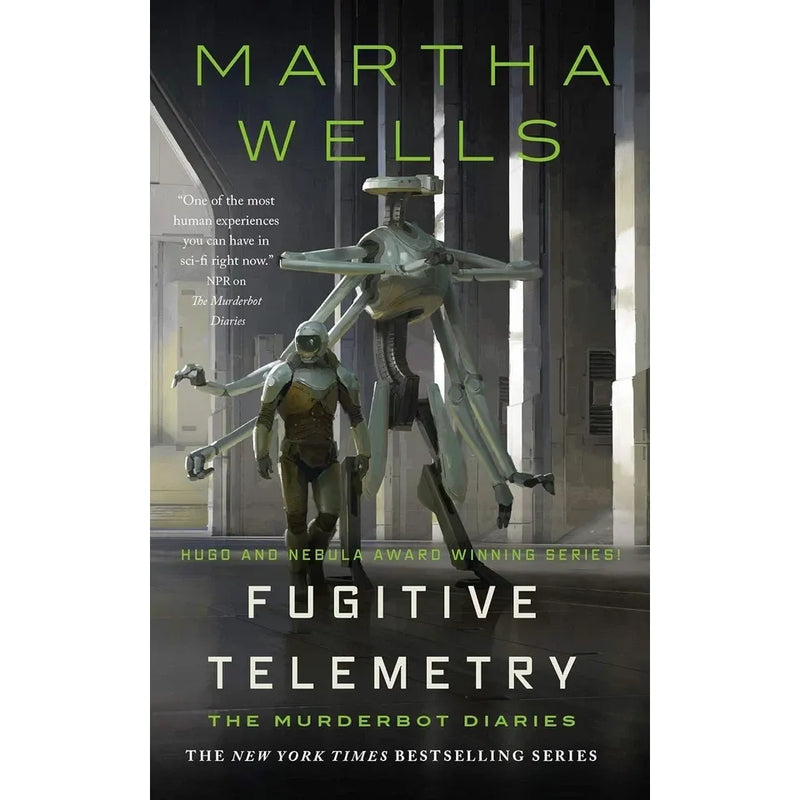 Seven paperback books from The Murderbot Diaries collection by Martha Wells, featuring sci-fi fiction stories published by Tor Books.