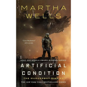 Seven paperback books from Martha Wells' Murderbot Diaries collection, featuring sci-fi fiction with robotic protagonist.