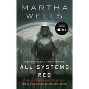 Seven paperback books from The Murderbot Diaries collection by Martha Wells, featuring science fiction fiction novels by Tor Books.