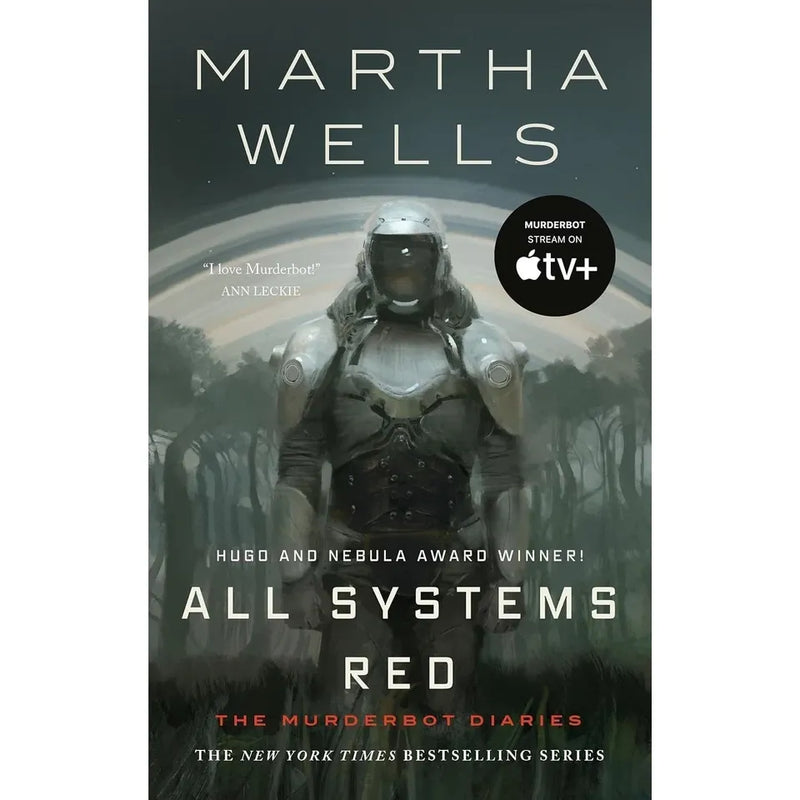 Seven paperback books from The Murderbot Diaries collection by Martha Wells, featuring science fiction fiction novels by Tor Books.