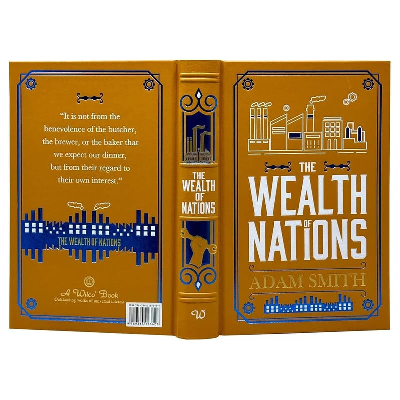 Leather-bound copy of The Wealth of Nations by Adam Smith, a non-fiction book emphasizing economic principles, from Wilco International LLP.