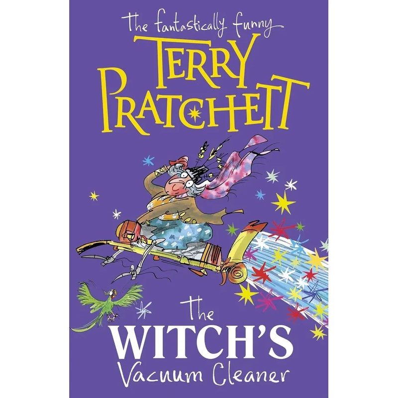 Four paperback Terry Pratchett fantasy books including Dragons at Crumbling Castle and The Witch's Vacuum Cleaner, published by Corgi Ltd.