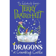 Four Terry Pratchett fiction paperback books including Dragons at Crumbling Castle and The Witch's Vacuum Cleaner by Corgi Ltd.