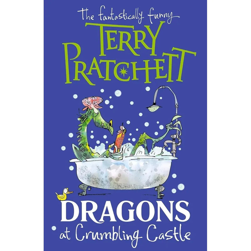 Four Terry Pratchett fiction paperback books including Dragons at Crumbling Castle and The Witch's Vacuum Cleaner by Corgi Ltd.