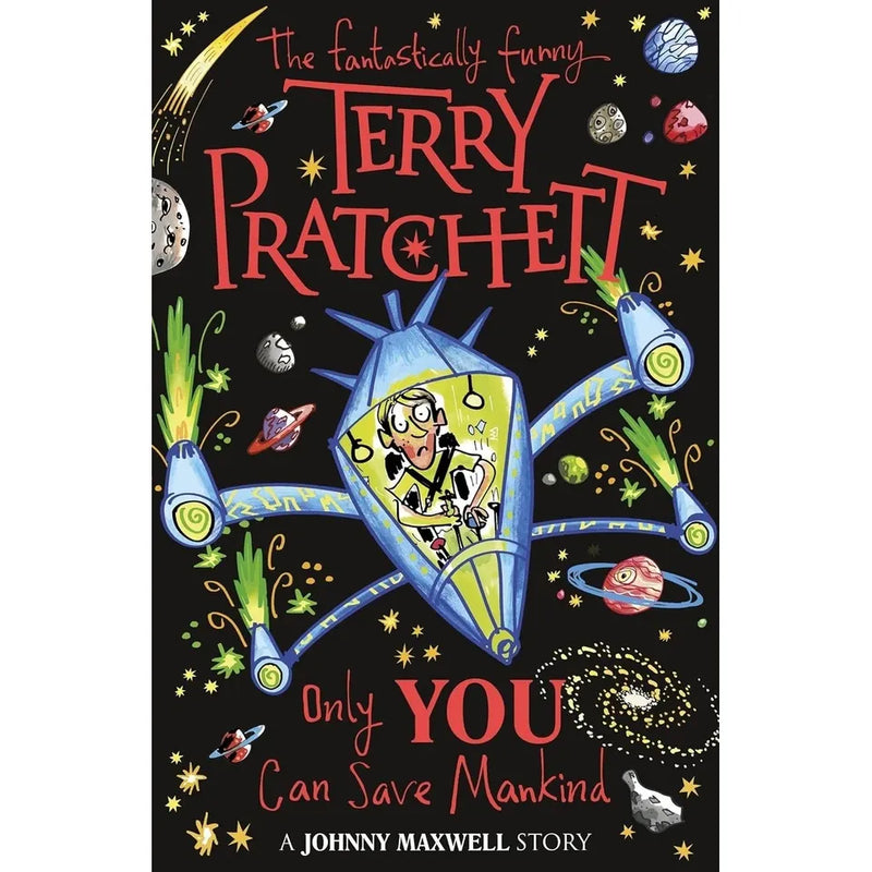 Three paperback books from the Johnny Maxwell Trilogy by Terry Pratchett, featuring colorful covers in a Corgi Children’s collection.