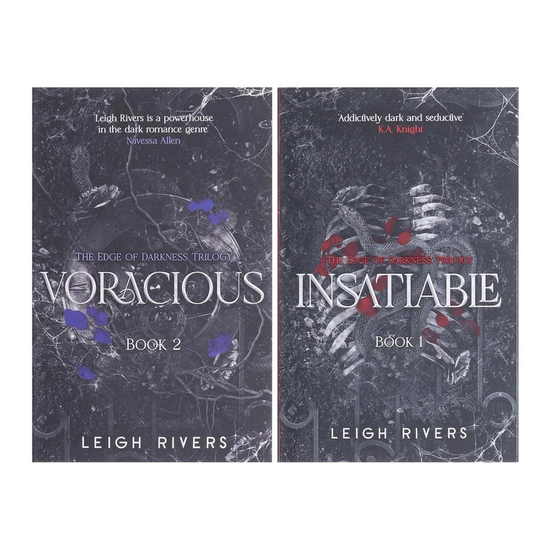 Hachette collection of Leigh Rivers' The Edge of Darkness Trilogy with two fiction books, Insatiable and Voracious, displayed together.