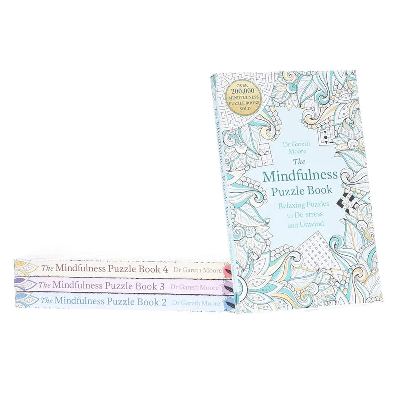 Four paperback mindfulness puzzle books by Dr Gareth Moore, featuring brain teasers and relaxation exercises in a collection set.