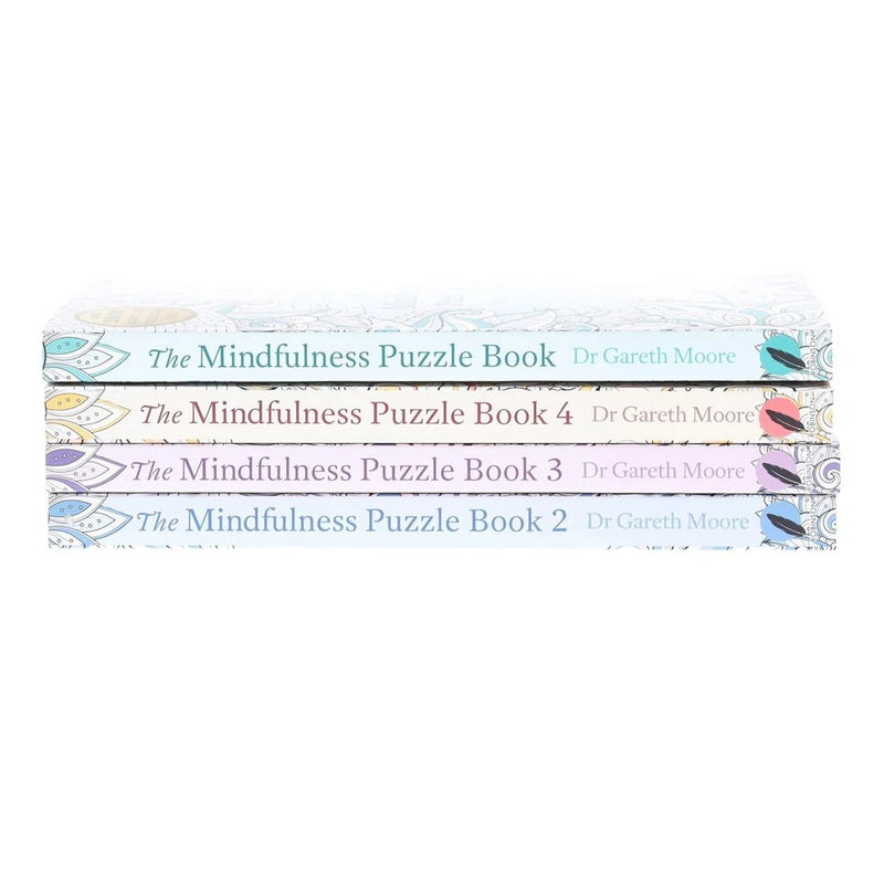 Set of four mindfulness puzzle books by Dr Gareth Moore, paperback collection for mental relaxation and cognitive engagement.