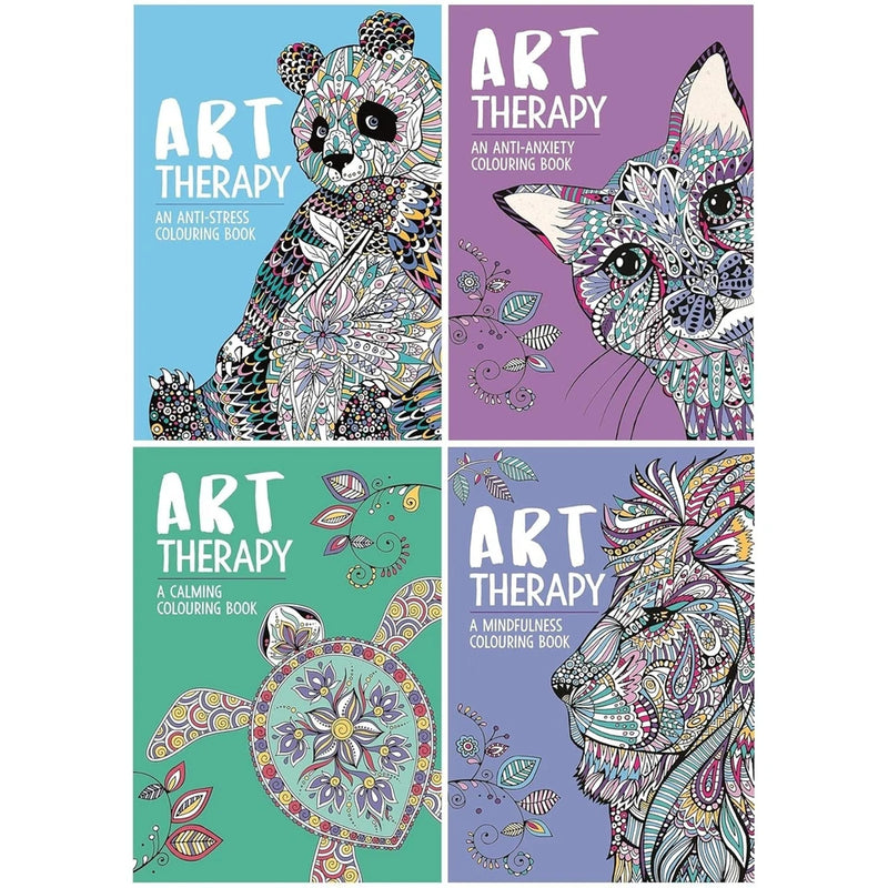 Art Therapy Colouring Series 4 books set featuring designs by Richard Merritt, Hannah Davies, Cindy Wilde, and Jo Taylor for stress relief.