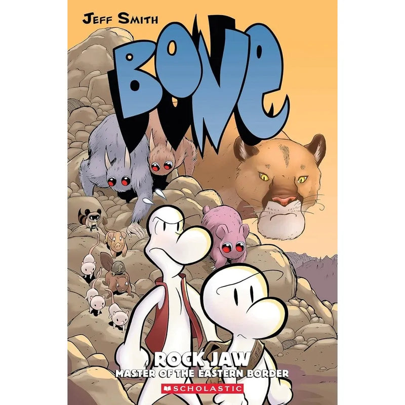 Jeff Smith's Bone 6-Book Collection set including Out from Boneville, The Great Cow Race, and Eyes of the Storm, paperback fiction set.