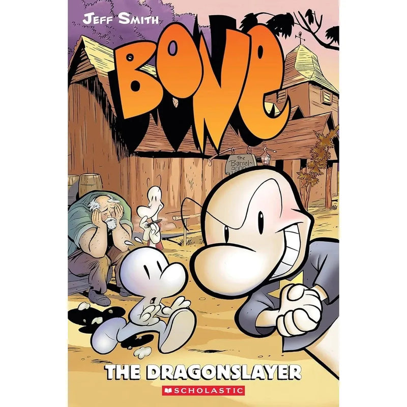 Jeff Smith's Bone 6-book collection set including Out from Boneville, The Great Cow Race, and Eyes of the Storm in paperback by Scholastic.