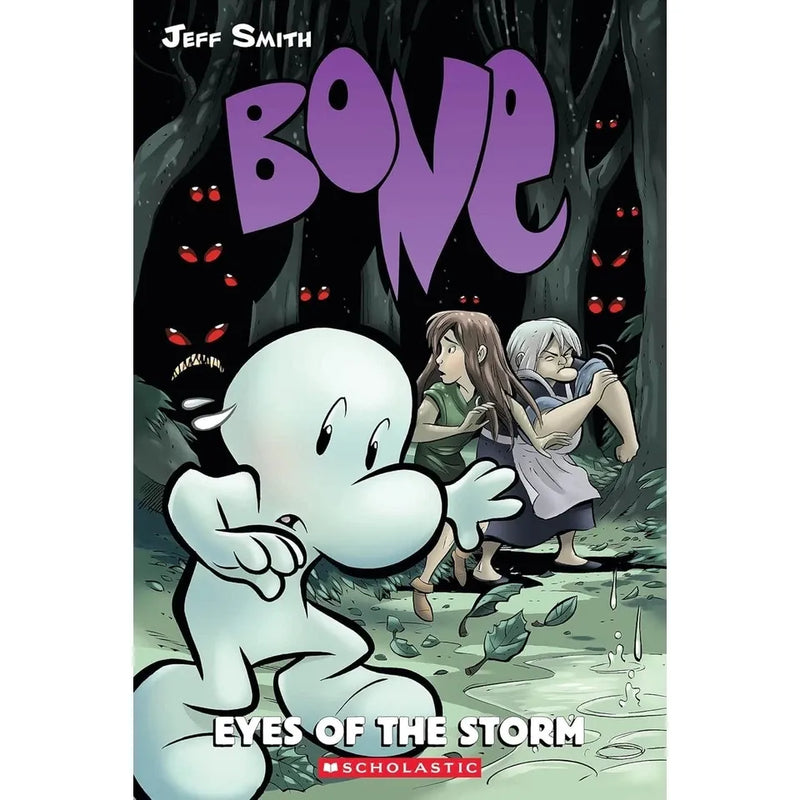 Jeff Smith's Bone 6-Book Collection set featuring Out from Boneville, The Great Cow Race, Eyes of the Storm, paperback fiction by Scholastic.