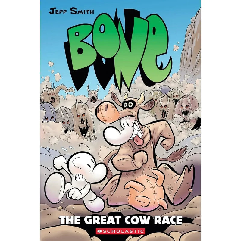 Jeff Smith Bone 6-Book Collection set including Out from Boneville, The Great Cow Race, Eyes of the Storm, paperback fiction by Scholastic Ltd.