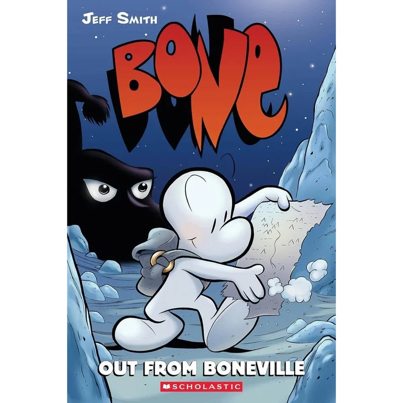 Jeff Smith Bone 6-Book Collection set including Out from Boneville, The Great Cow Race, Eyes of the Storm, paperback fiction by Scholastic