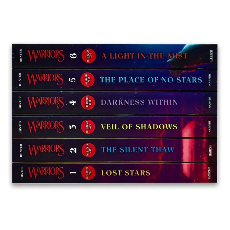 Set of six Warriors Cat The Broken Code Series books by Erin Hunter, featuring colorful book covers in a collection.