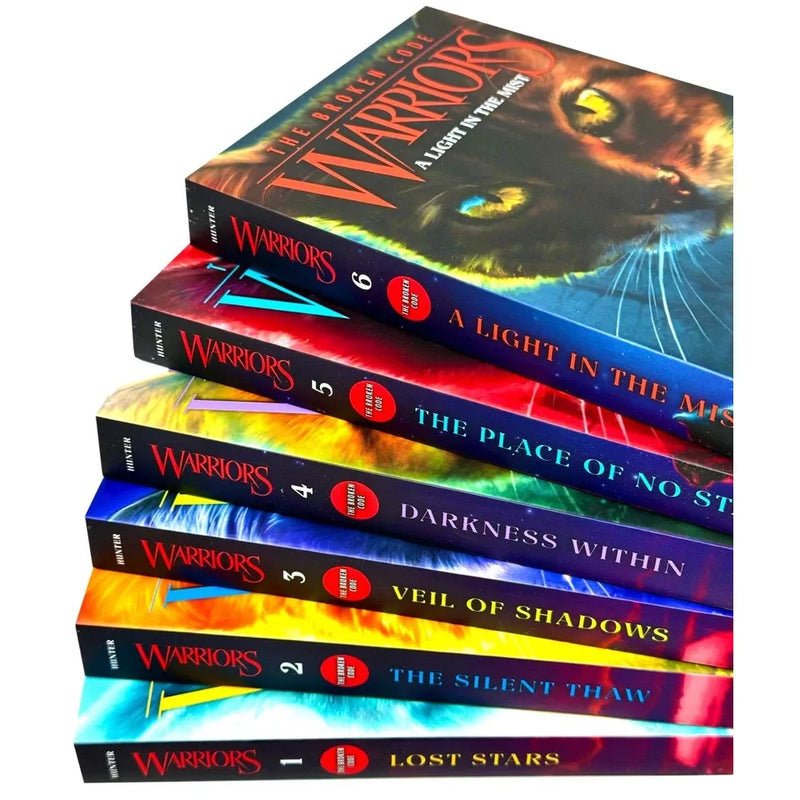 Six-book set of Warriors Cat The Broken Code series by Erin Hunter, featuring colorful covers and feline-themed illustrations.