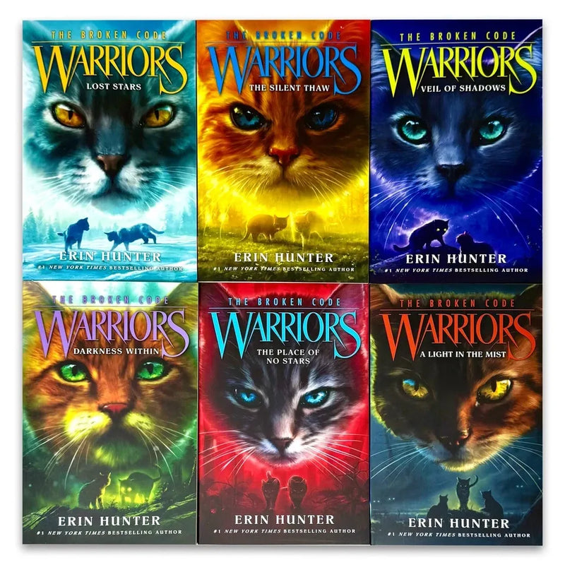 Six-book set of Warriors Cat The Broken Code Series by Erin Hunter, featuring colorful cover art from HarperCollins.