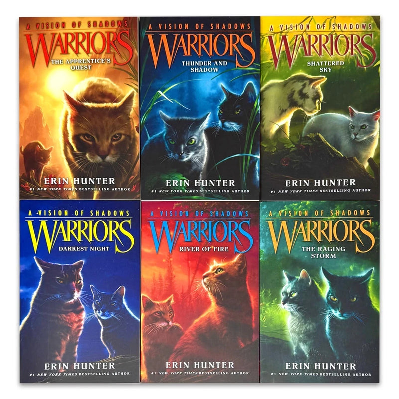 Six-book set of Warriors Cat A Vision of Shadows series by Erin Hunter, featuring colorful cover artwork and series titles.
