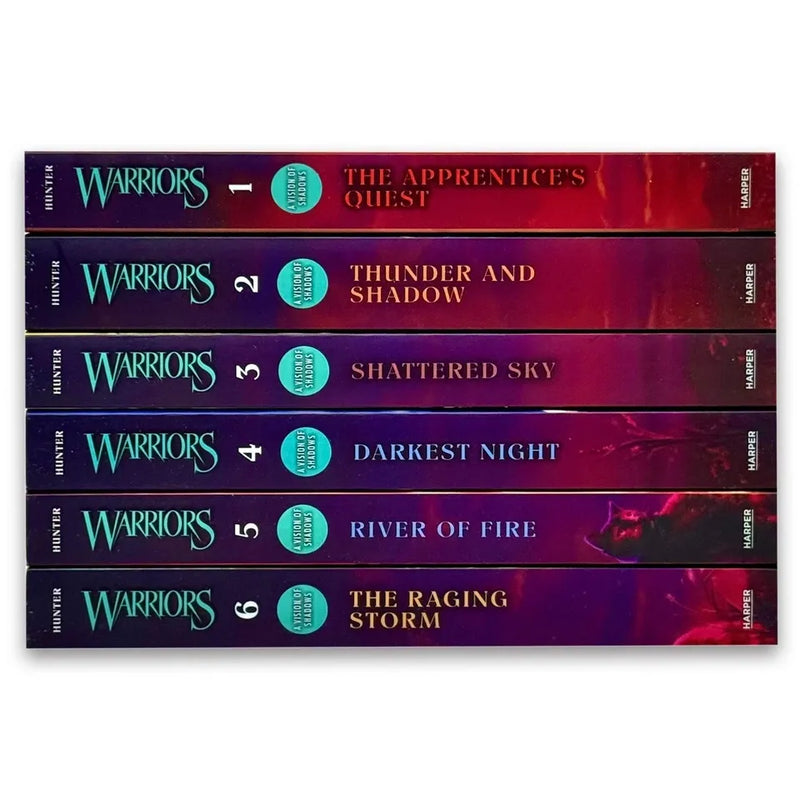 Six-book set of Warriors Cat A Vision of Shadows series by Erin Hunter, featuring colorful cover art from HarperCollins.