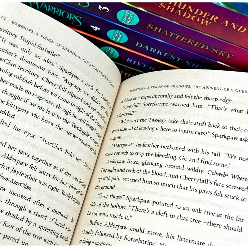 Warriors Cats A Vision of Shadows series set by Erin Hunter featuring six hardcover books in the collection.