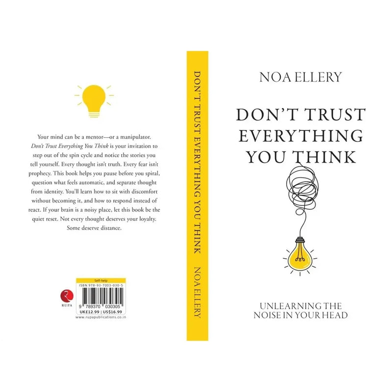 Book cover for "Don’t Trust Everything You Think" by Noa Ellery, published by Rupa Publications Ltd, featuring a minimalist design.