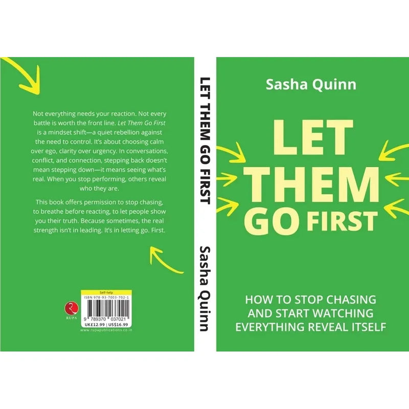 Cover image of "Let Them Go First" by Sasha Quinn, published by Rupa Publications, featuring a calming design with the title and author's name.