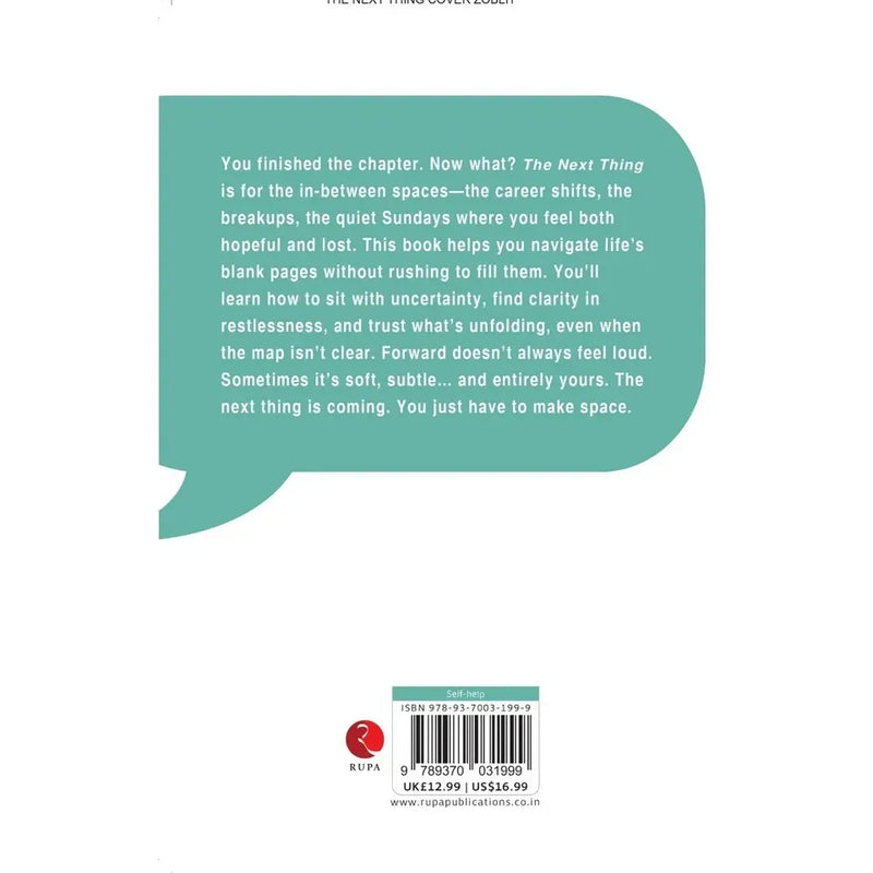 Cover of "The Next Thing" by Mira Hollis, published by Rupa Publications, featuring abstract artwork with bold typography.