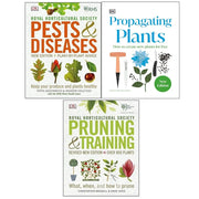 Set of three DK Ltd books by Alan Toogood on RHS plant propagation, pruning, training, pests, and diseases with colorful covers.