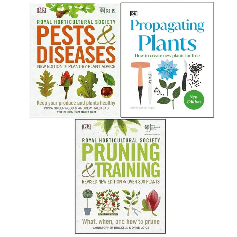 Set of three DK Ltd books by Alan Toogood on RHS plant propagation, pruning, training, pests, and diseases with colorful covers.