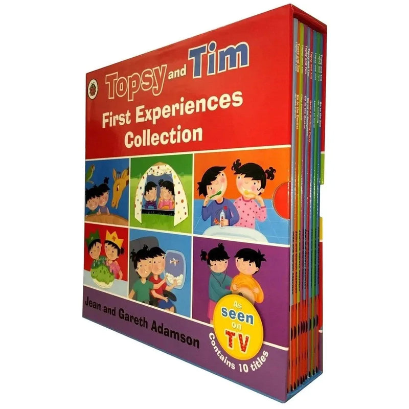 Ladybird Topsy and Tim 10-book collection slipcase set by Jean and Gareth Adamson, featuring colorful paperback children's stories.