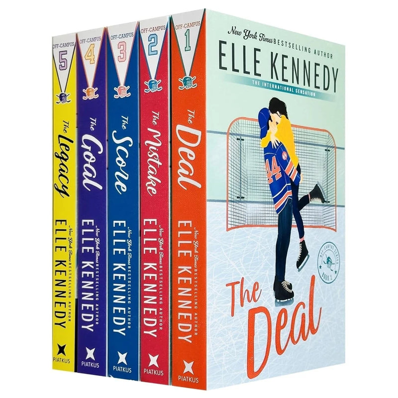 Off-Campus Series 5-book box set by Elle Kennedy featuring sprayed edge design, includes The Deal, The Mistake, The Score, The Goal, and The Legacy.
