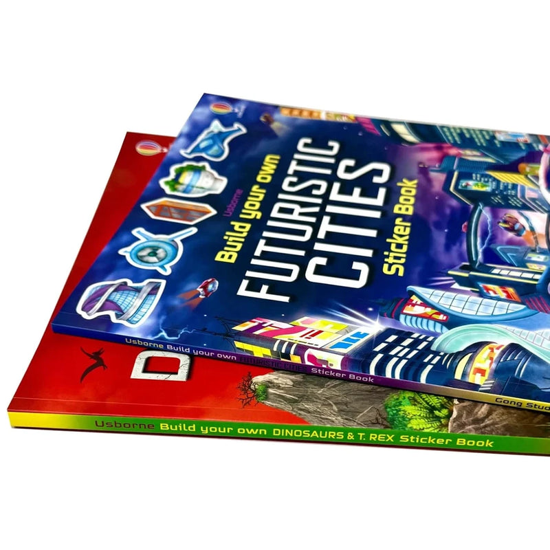 Usborne Build Your Own Sticker Books Collection - 2 Book Set: Dinosaurs and T. Rex + Futuristic Cities | Interactive Build-Your-Own Sticker Activity Books for Kids - The Book Bundle